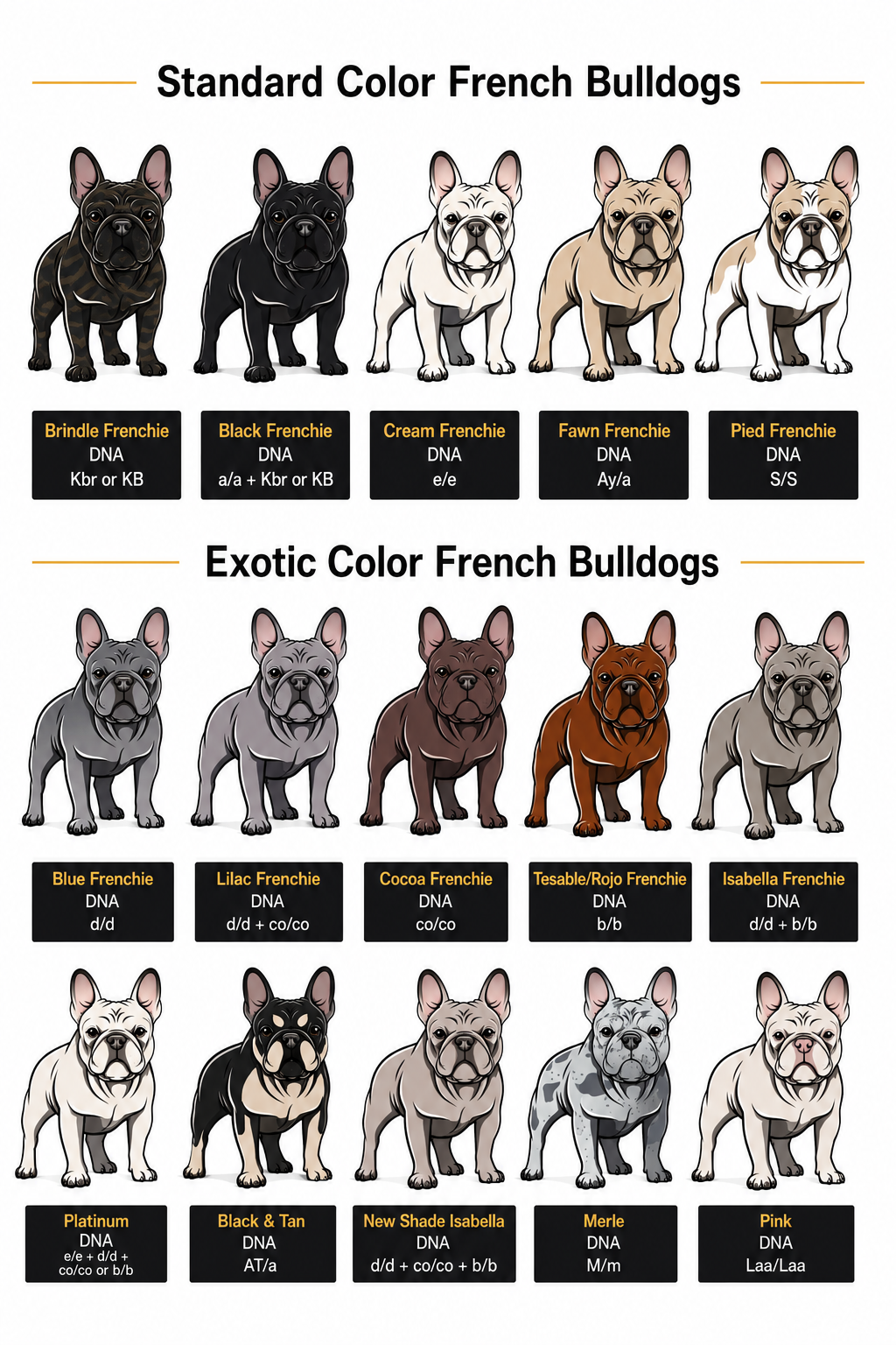 Färgöversikt över standardfärger och exotiska färger hos fransk bulldog med tillhörande DNA-genetik, exempelvis blå, lila, cocoa, isabella och merle